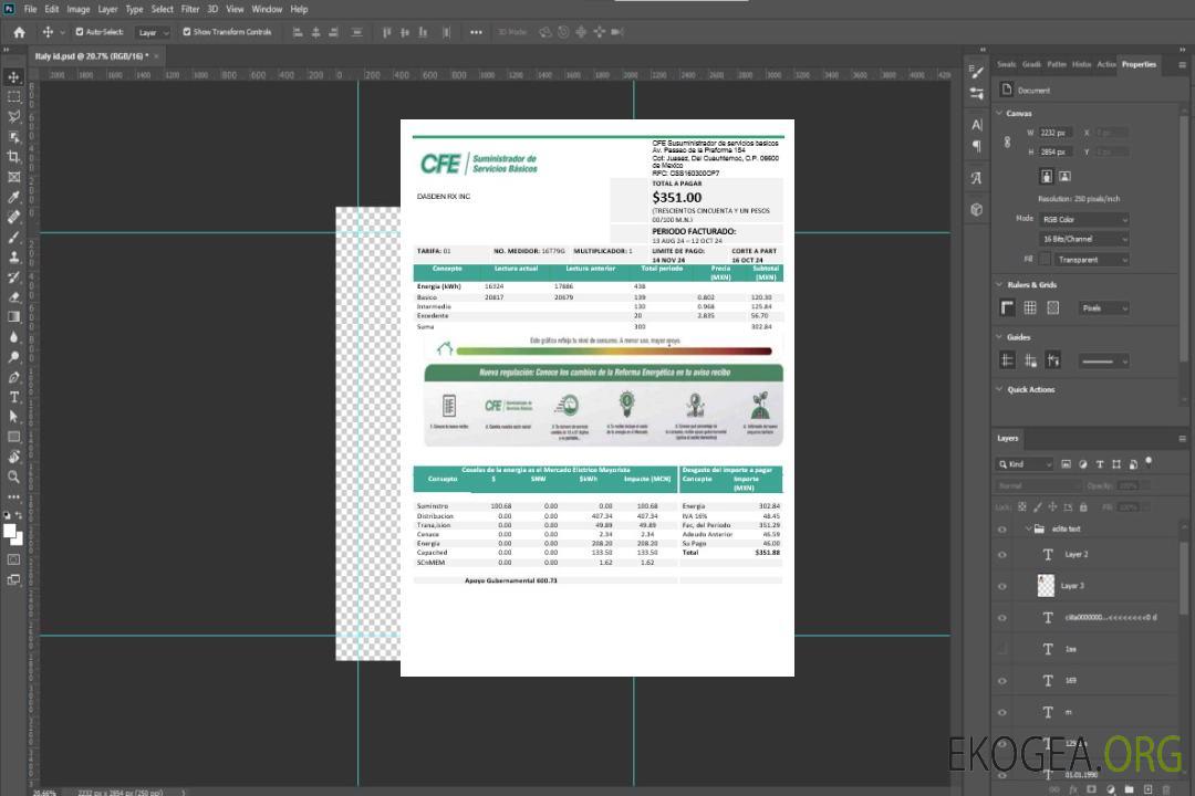 Modèle de facture de services publics d'entreprise CFE d'électricité du Mexique aux formats Word et PDF, entièrement modifiable template